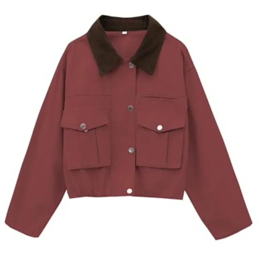 Cropped Utility Jacket Contrast Collar Lightweight Cargo Barn Coat Chic - Picture 2 of 7
